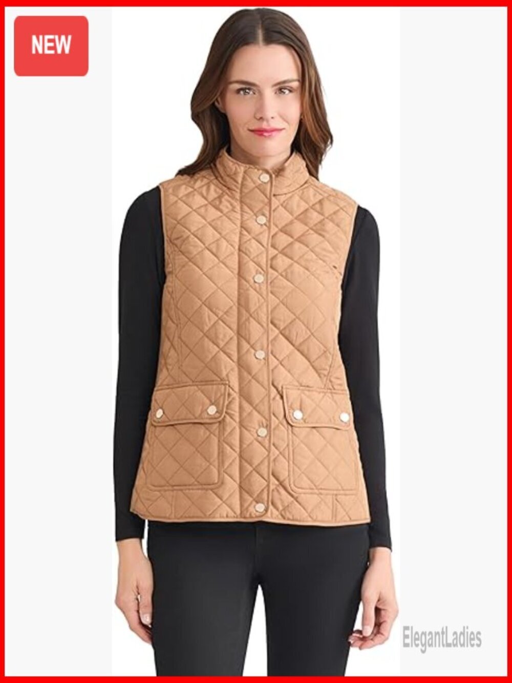 Large Sleeveless Snap Front Quilted Vest, Polyester, Layering Essential